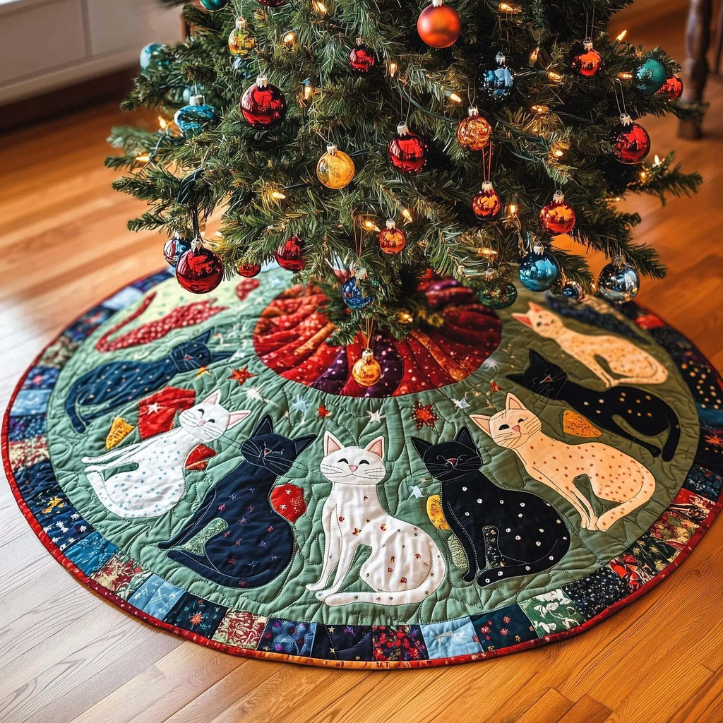 Cat Pattern Quilted Tree Skirt, Patchwork Xmas Tree Skirt, Holiday Decor, Xmas Tree Base Cover, Custom Tree Skirt XMASTS45