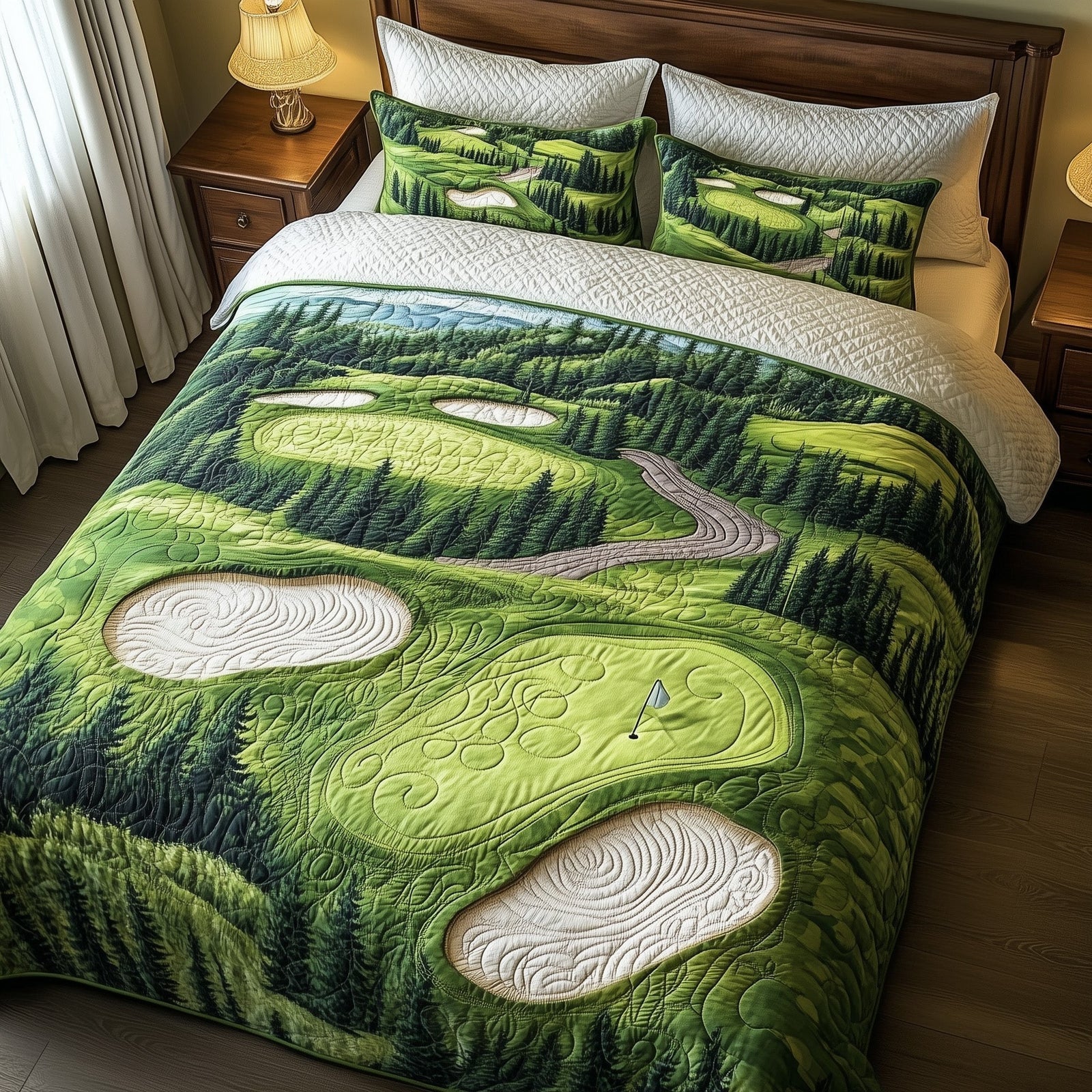 Golf Pattern Quilted Bedding Set, Golf Course Blanket, Green Fairway Quilt with Pillow Covers, Bedroom Decor QBEDSET71