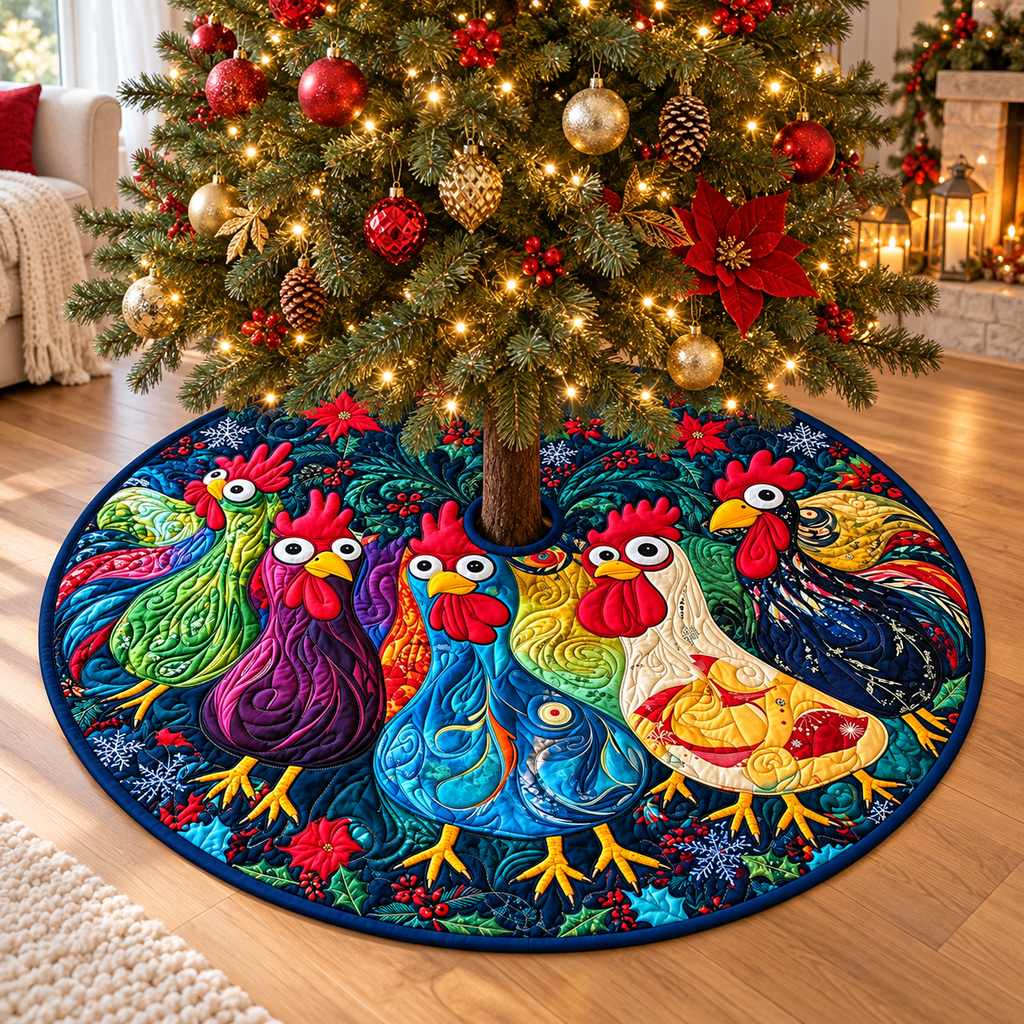 Chicken Pattern Quilted Tree Skirt, Patchwork Xmas Tree Skirt, Holiday Decor, Xmas Tree Base Cover, Custom Tree Skirt XMASTS46