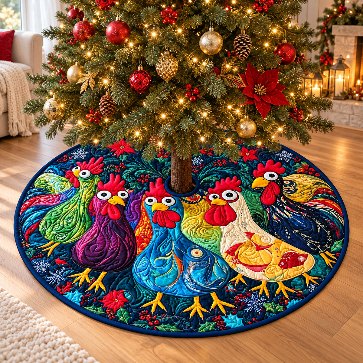 Chicken Pattern Quilted Tree Skirt, Patchwork Xmas Tree Skirt, Holiday Decor, Xmas Tree Base Cover, Custom Tree Skirt XMASTS46