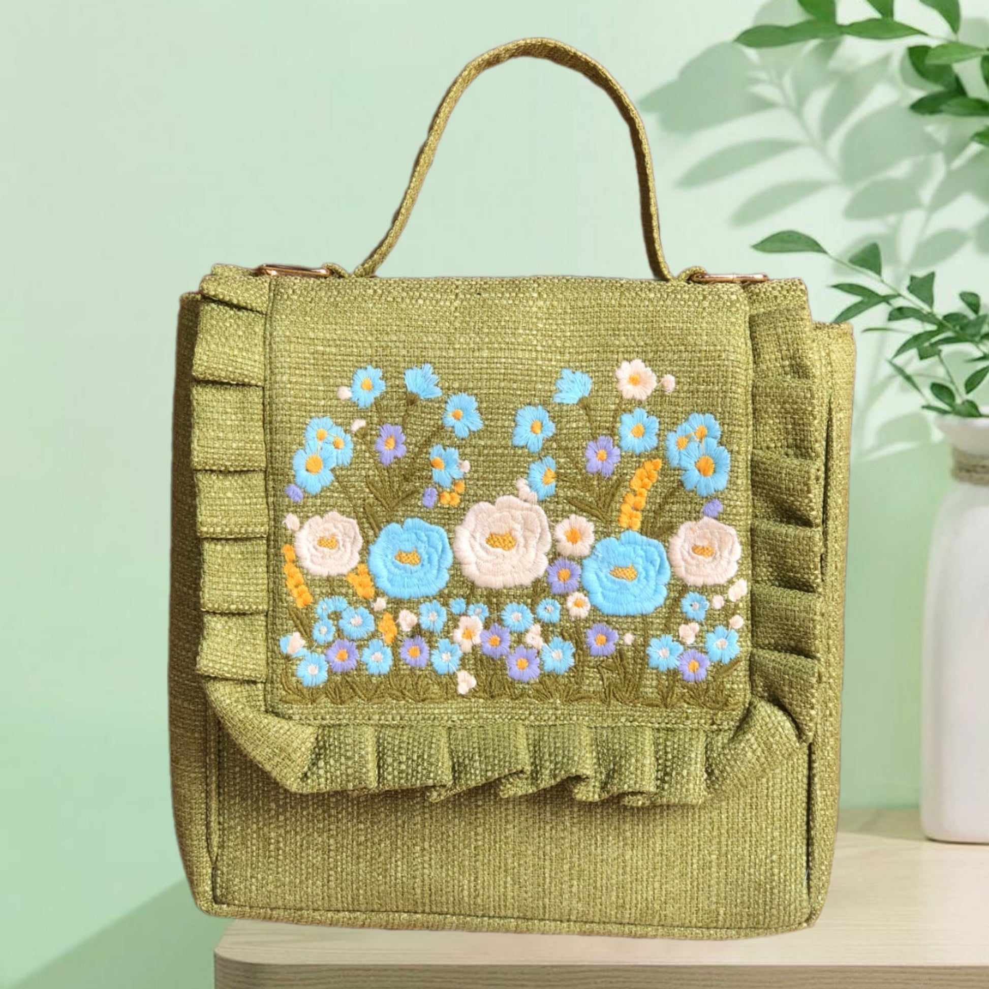 Floral Embroidered Denim Bag, Handmade Flower Bag, Cottagecore Shoulder Bag, Boho Gift for Her