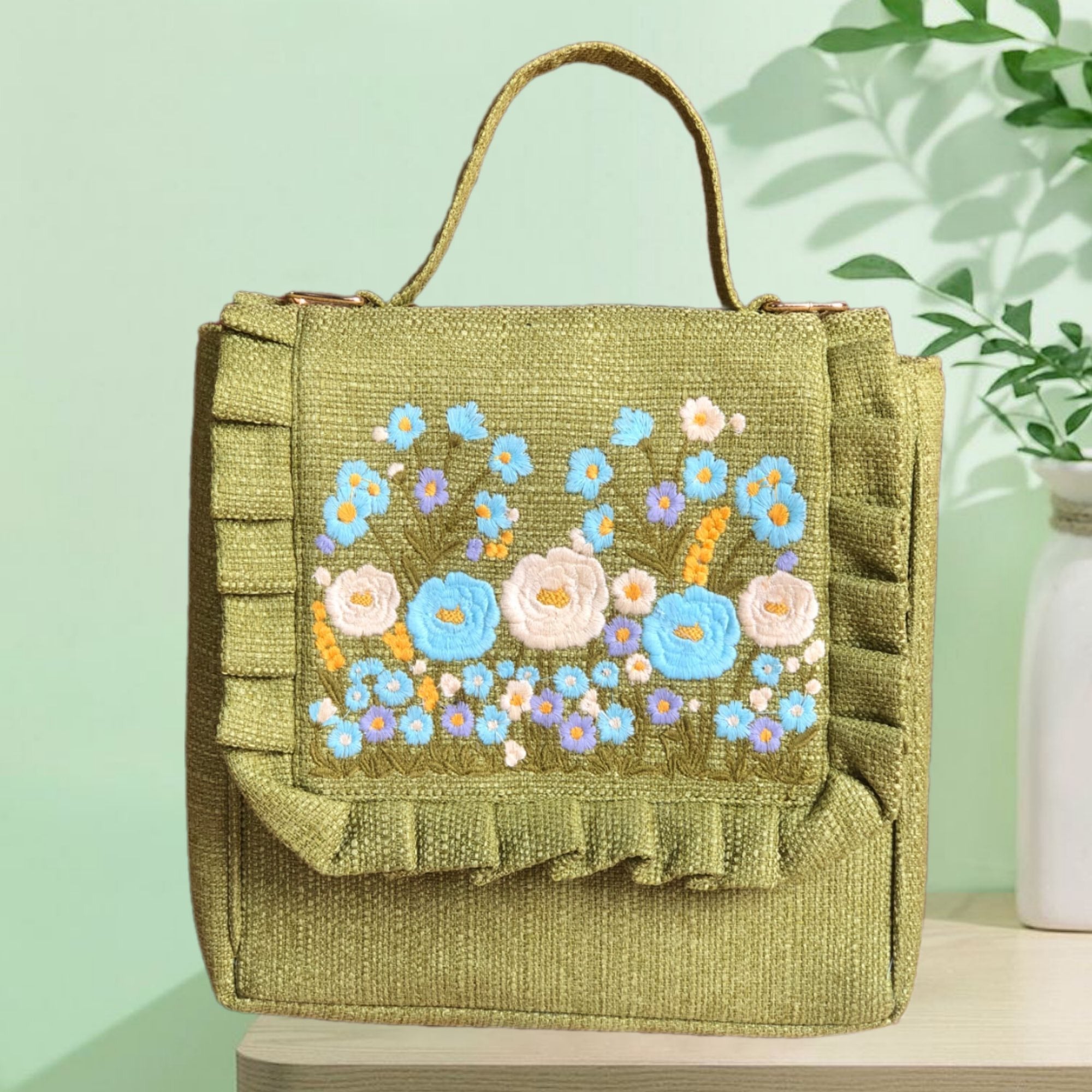 Floral Embroidered Denim Bag, Handmade Flower Bag, Cottagecore Shoulder Bag, Boho Gift for Her
