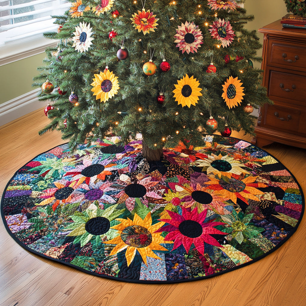 Sunflower Patchwork Quilted Tree Skirt, Patchwork Xmas Tree Skirt, Holiday Decor, Xmas Tree Base Cover, Custom Tree Skirt XMASTS48