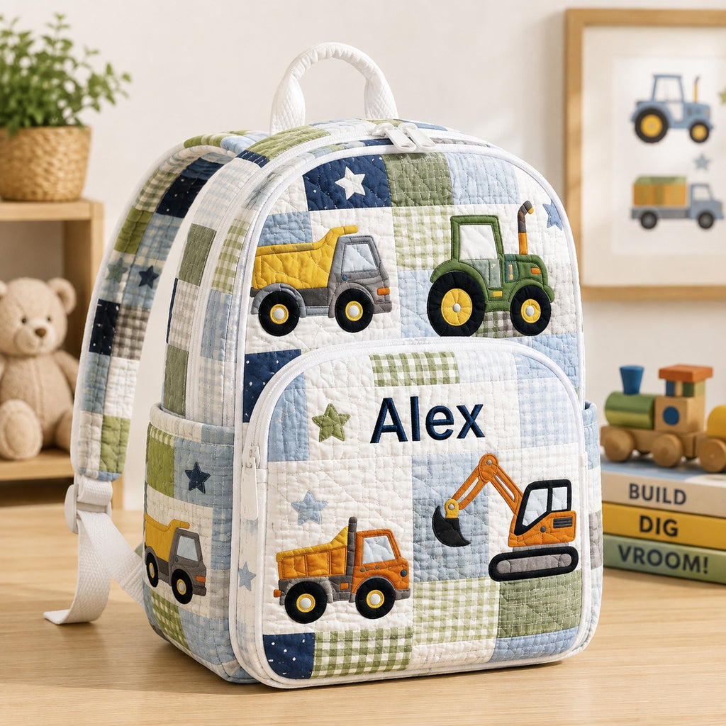 Construction Quilted Backpack, Tractor & Excavator Backpack, Mini Travel Bag, Kid School Bag, Back To School Backpack QBP30