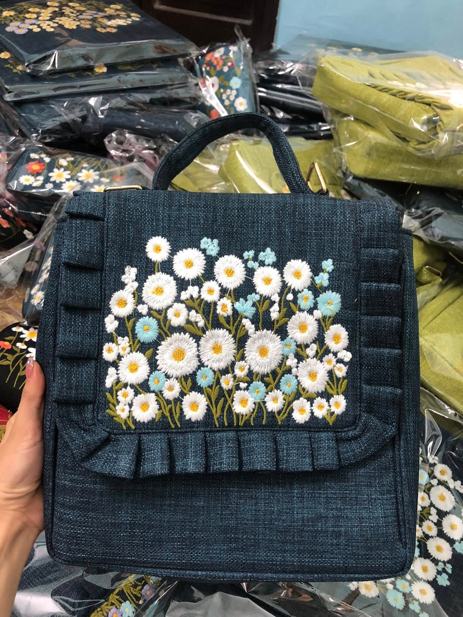 Floral Embroidered Denim Bag, Handmade Flower Bag, Cottagecore Shoulder Bag, Boho Gift for Her