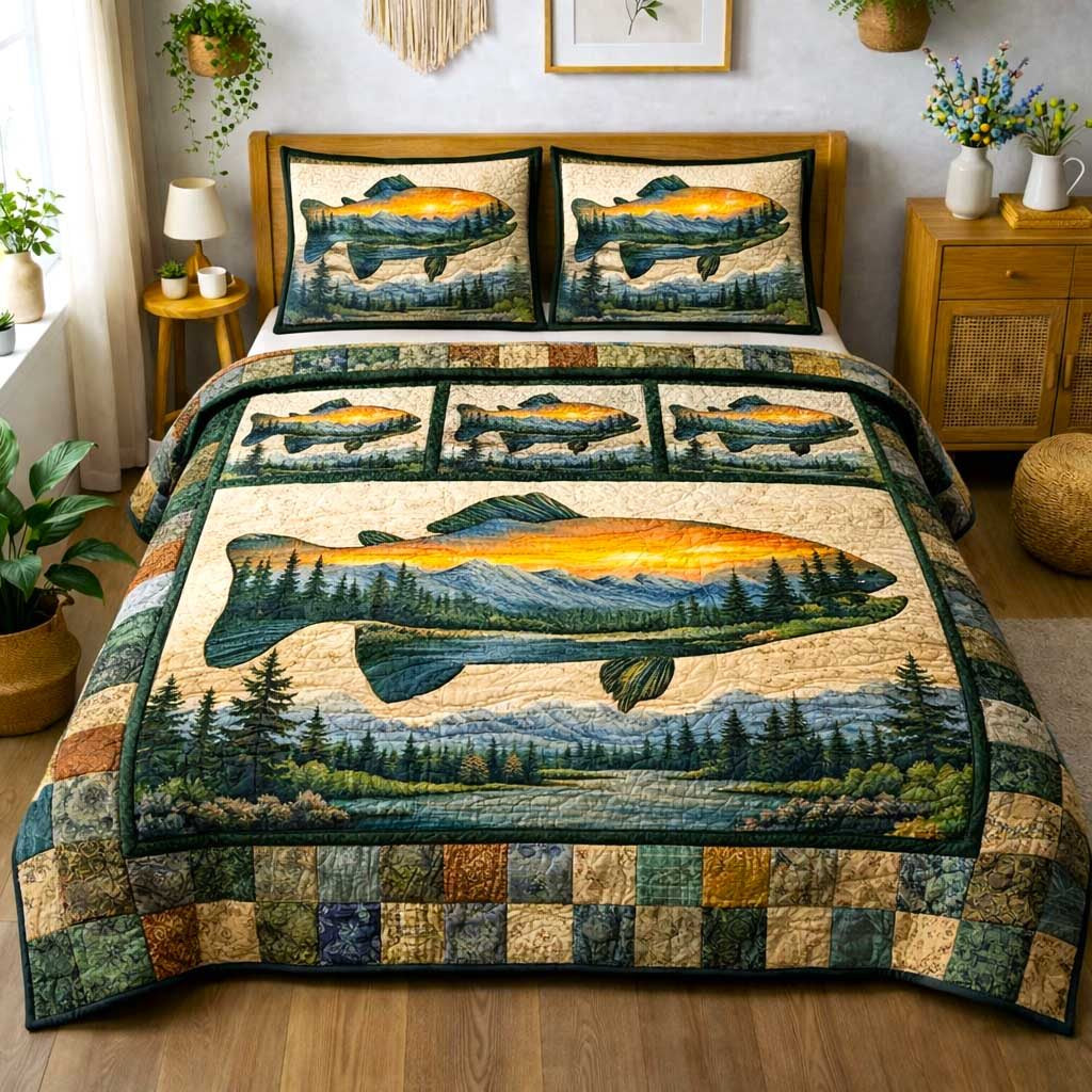 Trout Fishing Quilted Bedding Set, Mountain Lake Fish Quilt Blanket, Quilt with Pillow Covers, Bedroom Decor QBEDSET73