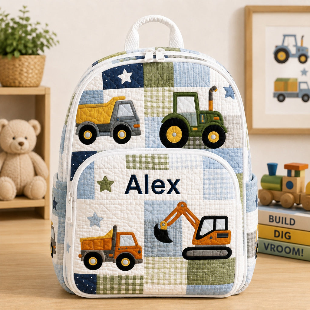 Construction Quilted Backpack, Tractor & Excavator Backpack, Mini Travel Bag, Kid School Bag, Back To School Backpack QBP30