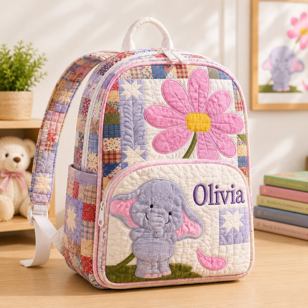 Patchwork Elephant Flower Quilted Backpack, Animal Flower Backpack, Mini Travel Bag, Kid School Bag, Back To School Backpack QBP31