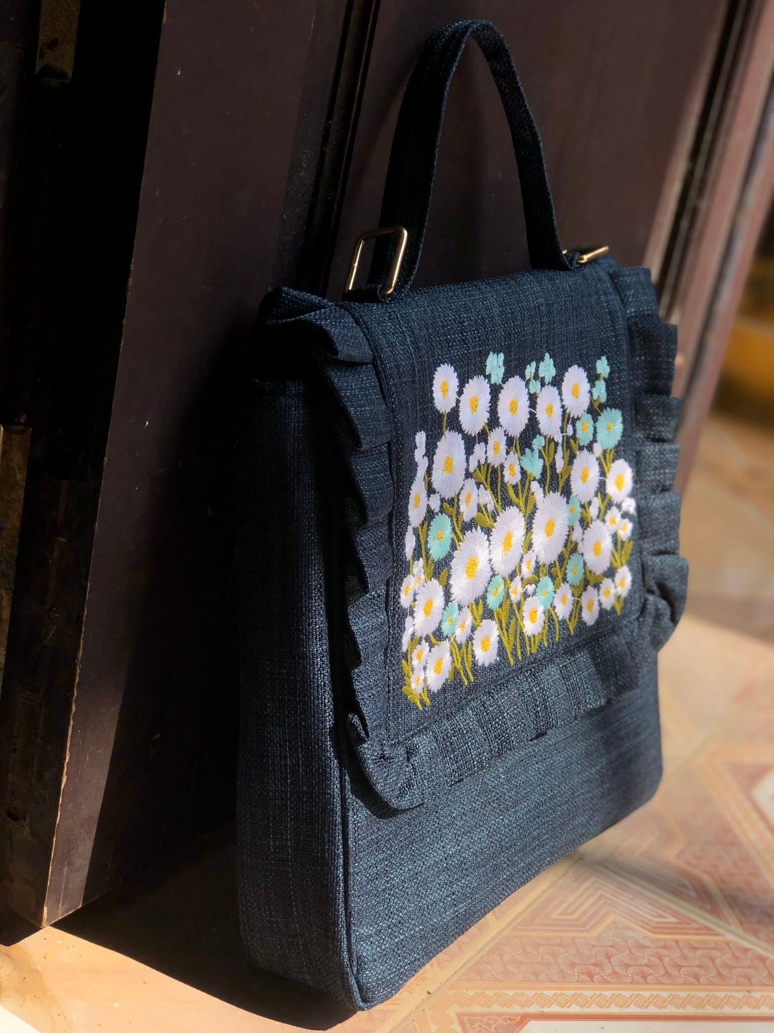 Floral Embroidered Denim Bag, Handmade Flower Bag, Cottagecore Shoulder Bag, Boho Gift for Her