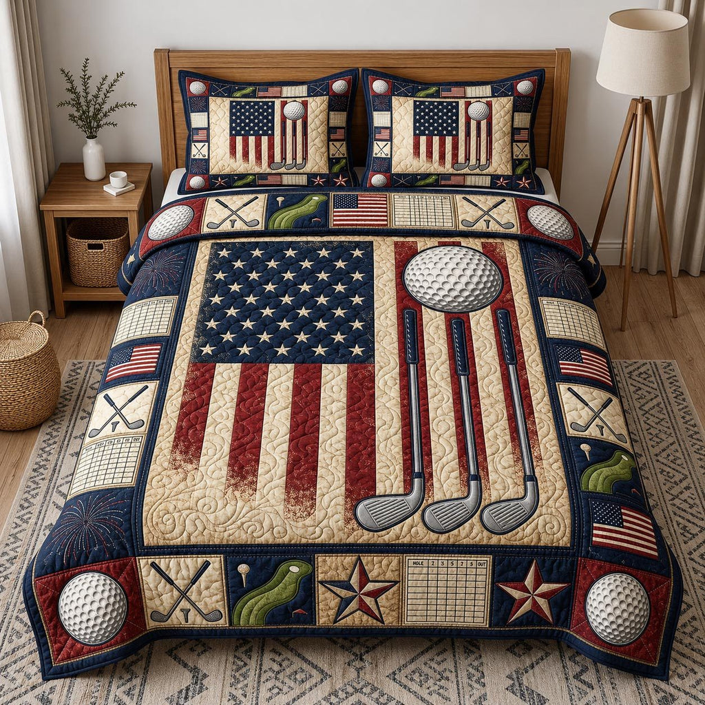 American Golf Quilted Bedding Set, USA Flag Golf Ball Patchwork Quilt Blanket, Quilt with Pillow Covers, Bedroom Decor QBEDSET74