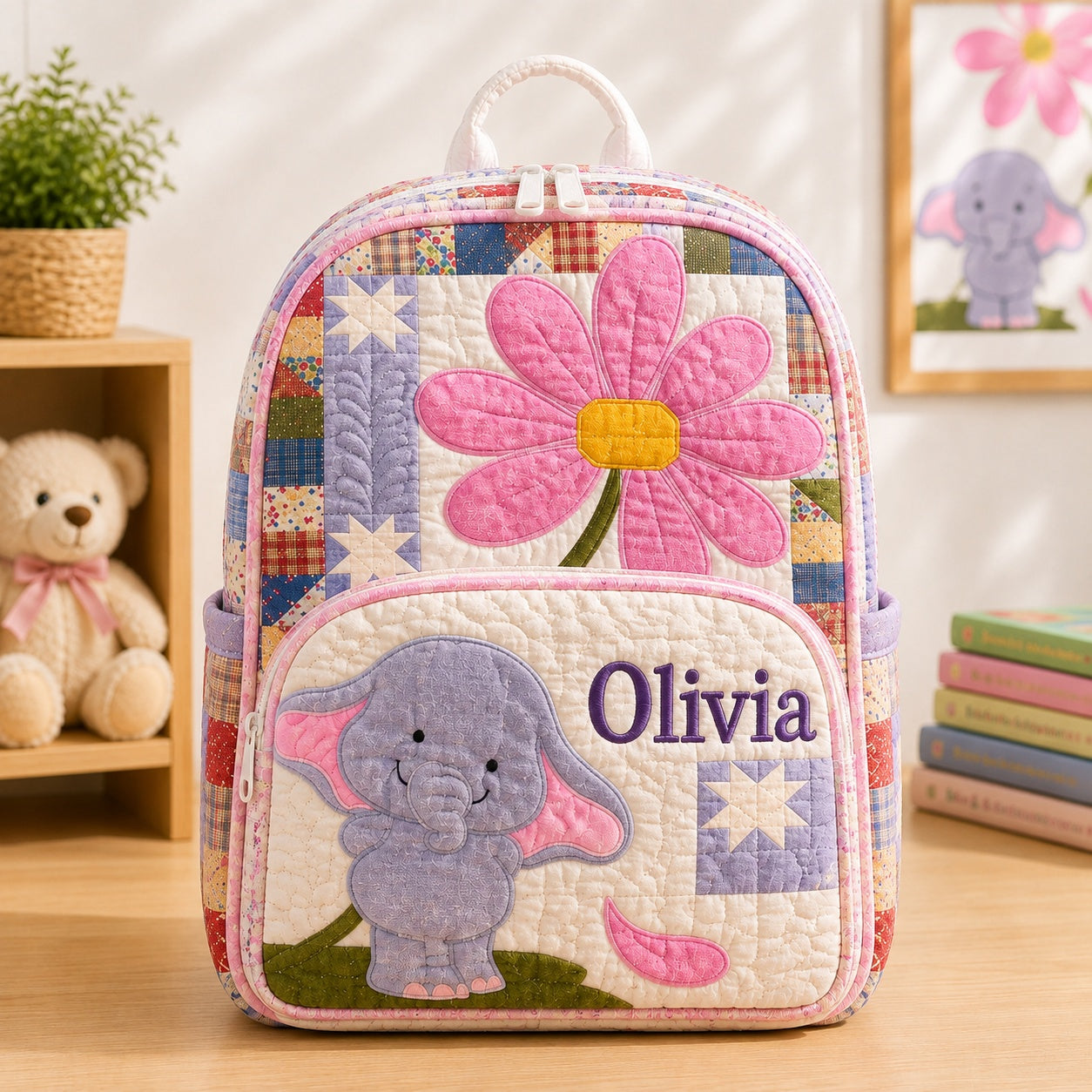 Patchwork Elephant Flower Quilted Backpack, Animal Flower Backpack, Mini Travel Bag, Kid School Bag, Back To School Backpack QBP31