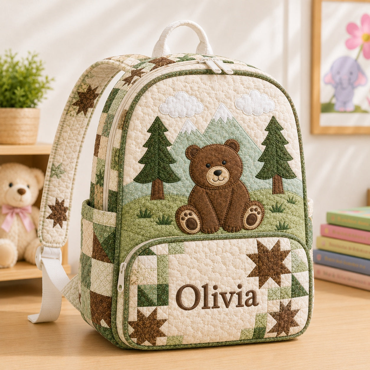 Woodland Bear Quilted Backpack, Patchwork Forest Backpack, Mini Travel Bag, Kid School Bag, Back To School Backpack QBP32
