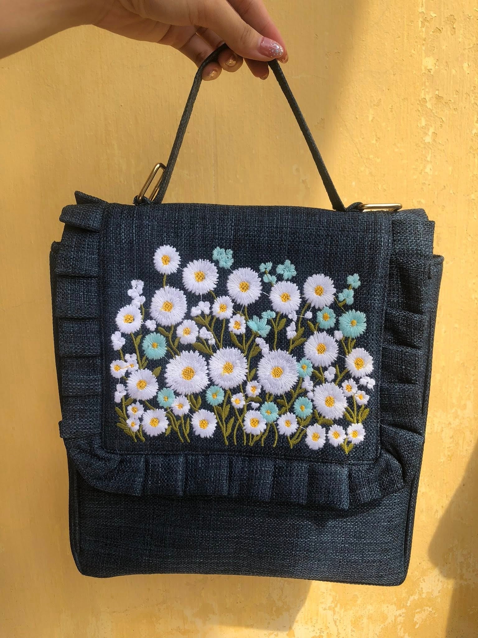 Floral Embroidered Denim Bag, Handmade Flower Bag, Cottagecore Shoulder Bag, Boho Gift for Her