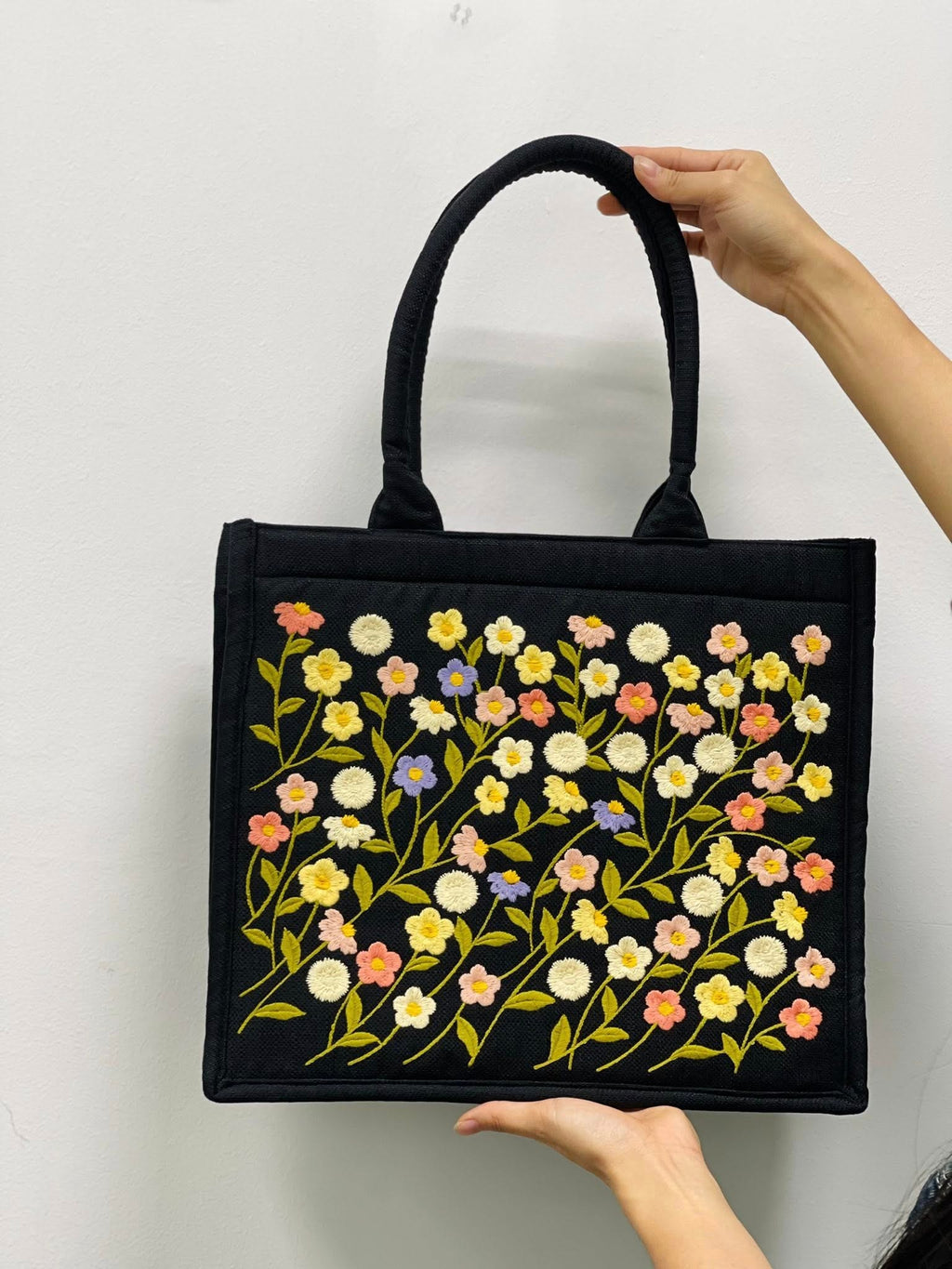 Embroidered Flower Tote Bag, Aesthetic Black Tote, Handmade Floral Handbag, Cute Everyday Purse, Boho Gift for Women