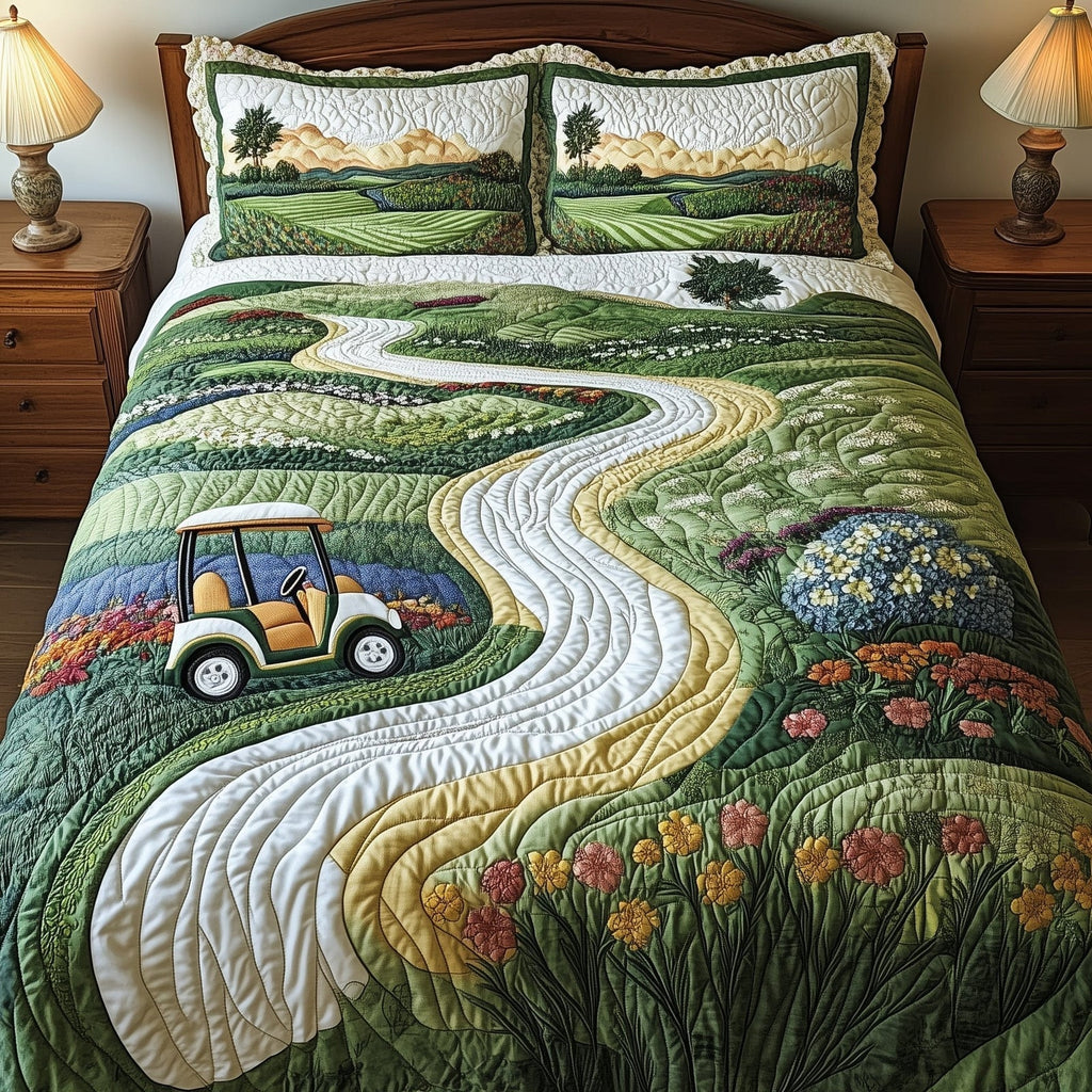 Golf Course Landscape Quilted Bedding Set, Fairway Quilt Blanket, Quilt with Pillow Covers, Bedroom Decor QBEDSET75