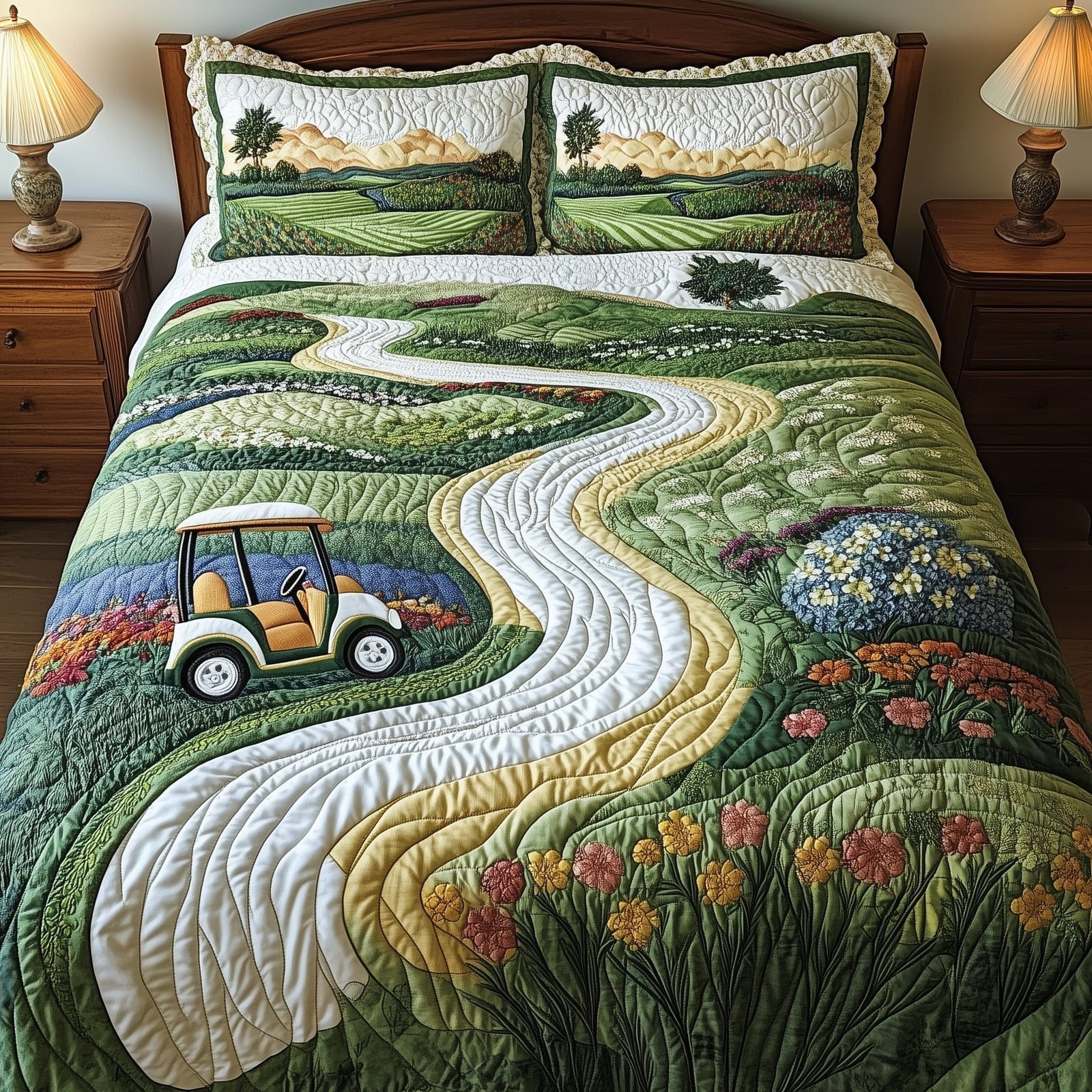 Golf Course Landscape Quilted Bedding Set, Fairway Quilt Blanket, Quilt with Pillow Covers, Bedroom Decor QBEDSET75