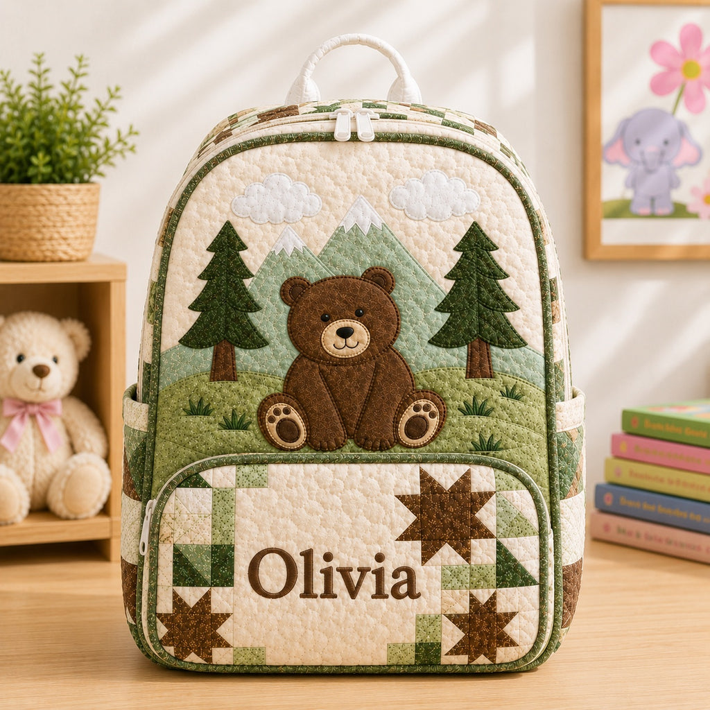 Woodland Bear Quilted Backpack, Patchwork Forest Backpack, Mini Travel Bag, Kid School Bag, Back To School Backpack QBP32