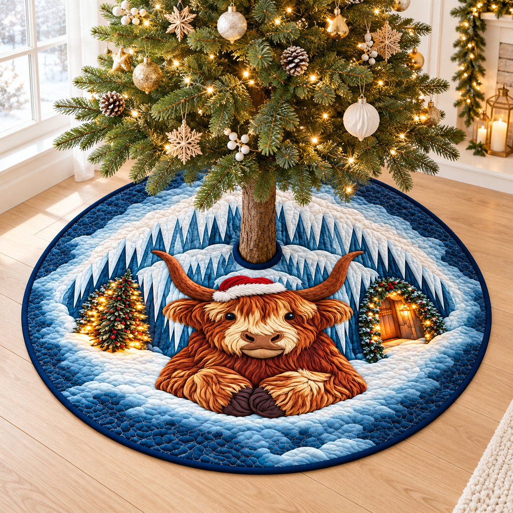 Highland Cow Christmas Quilted Tree Skirt, Patchwork Xmas Tree Skirt, Holiday Decor, Xmas Tree Base Cover, Custom Tree Skirt XMASTS52