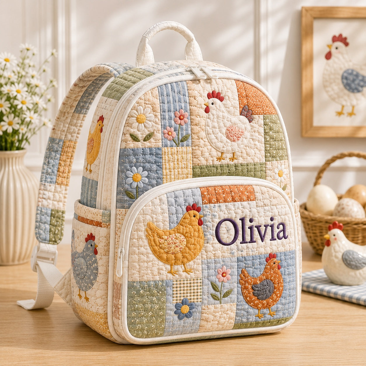 Chicken Quilted Backpack, Patchwork Chicken Backpack, Mini Travel Bag, Kid School Bag, Back To School Backpack QBP33
