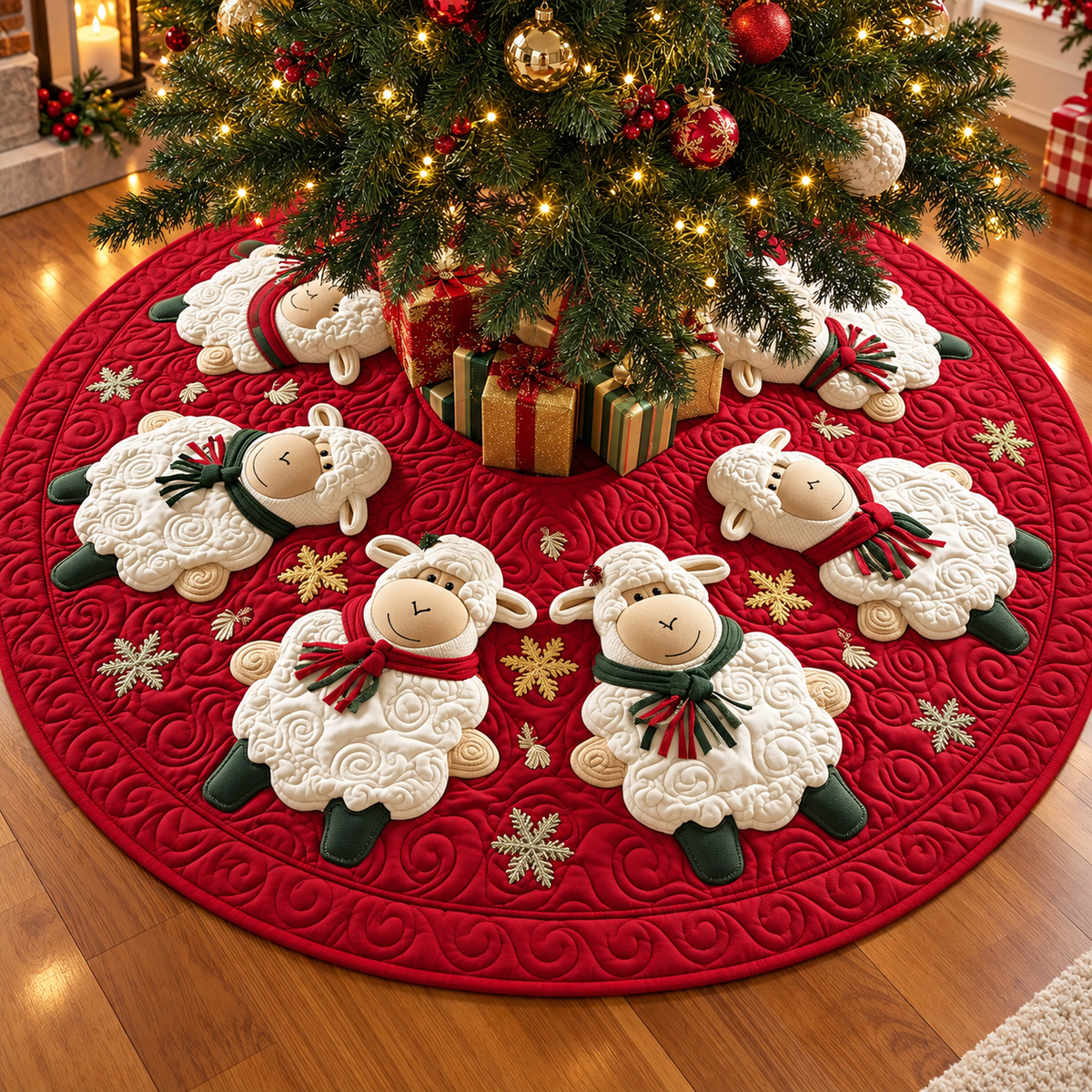 Christmas Sheep Quilted Tree Skirt, Patchwork Xmas Tree Skirt, Holiday Decor, Xmas Tree Base Cover, Custom Tree Skirt XMASTS28