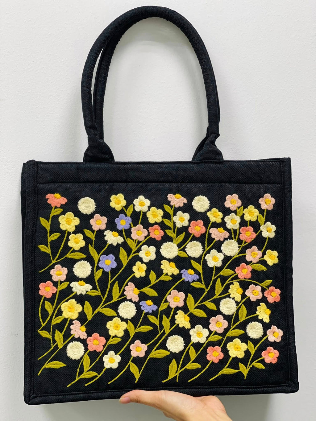 Embroidered Flower Tote Bag, Aesthetic Black Tote, Handmade Floral Handbag, Cute Everyday Purse, Boho Gift for Women