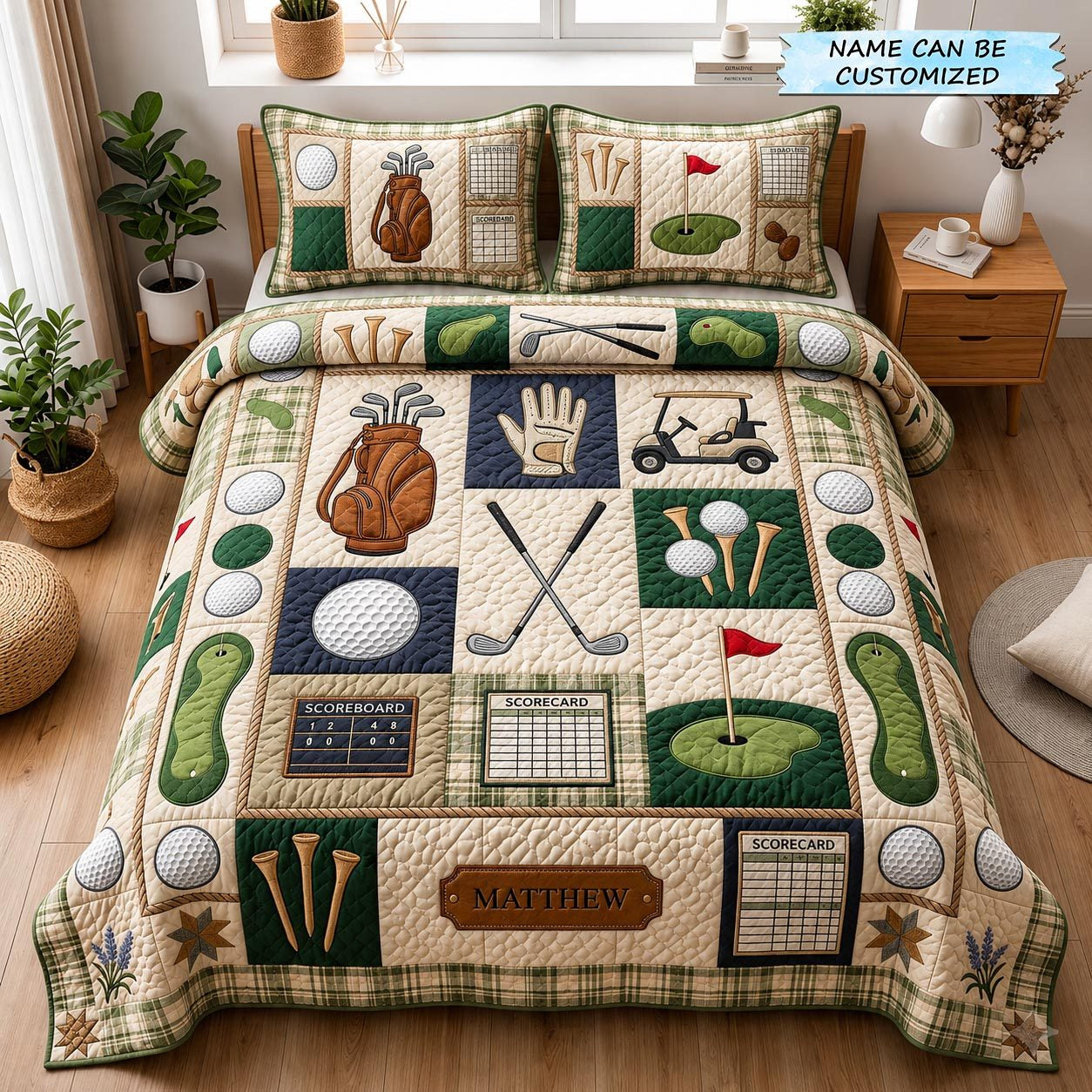 Golf Quilted Bedding Set, Fairway Quilt Blanket, Quilt with Pillow Covers, Bedroom Decor QBEDSET76