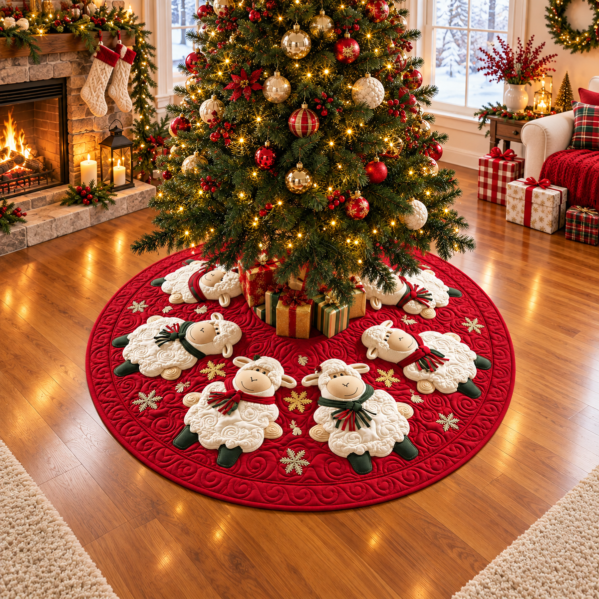 Christmas Sheep Quilted Tree Skirt, Patchwork Xmas Tree Skirt, Holiday Decor, Xmas Tree Base Cover, Custom Tree Skirt XMASTS28
