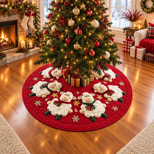 Christmas Sheep Quilted Tree Skirt, Patchwork Xmas Tree Skirt, Holiday Decor, Xmas Tree Base Cover, Custom Tree Skirt XMASTS28
