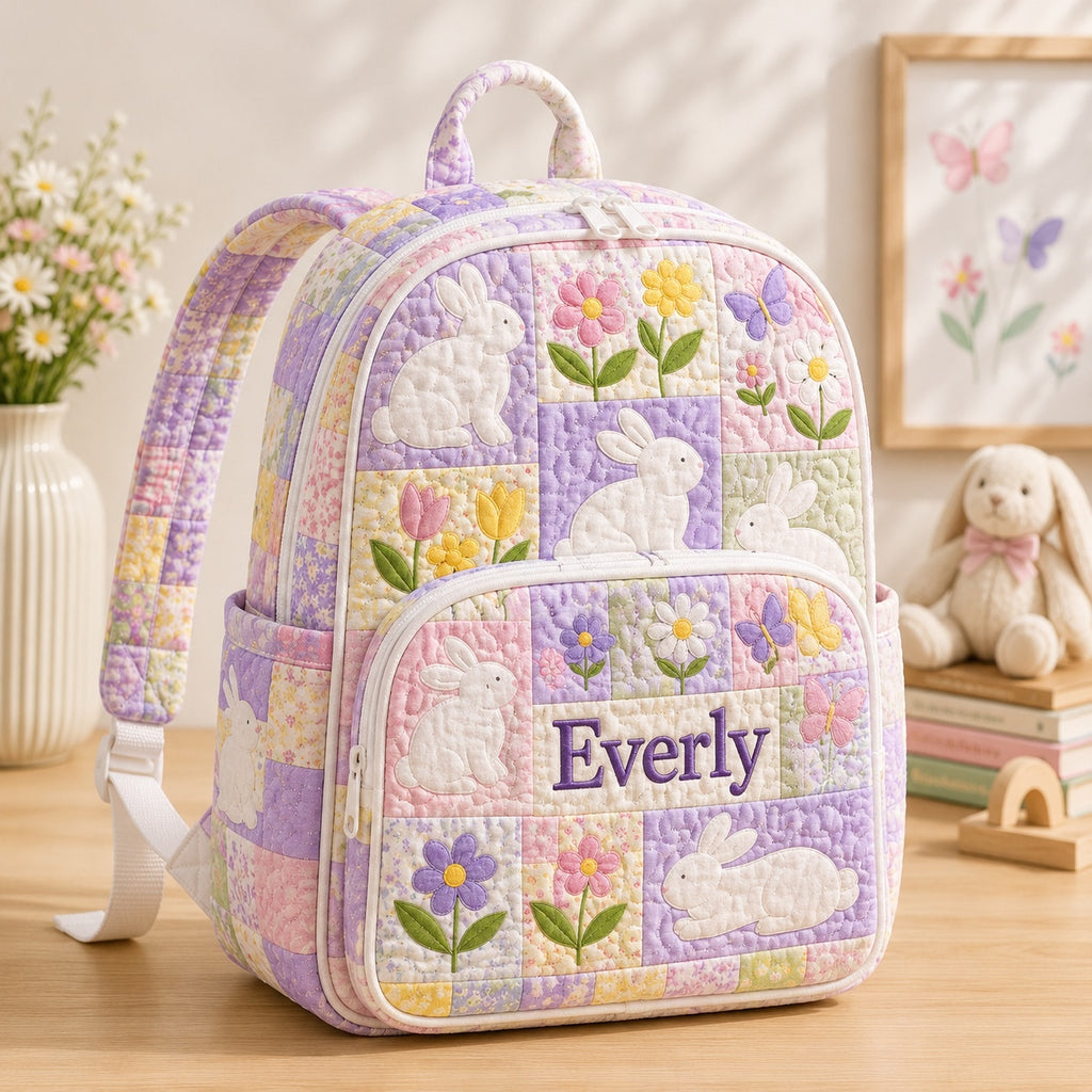 Bunny Flower Quilted Backpack, Bunny Backpack, Mini Travel Bag, Kid School Bag, Back To School Backpack QBP34