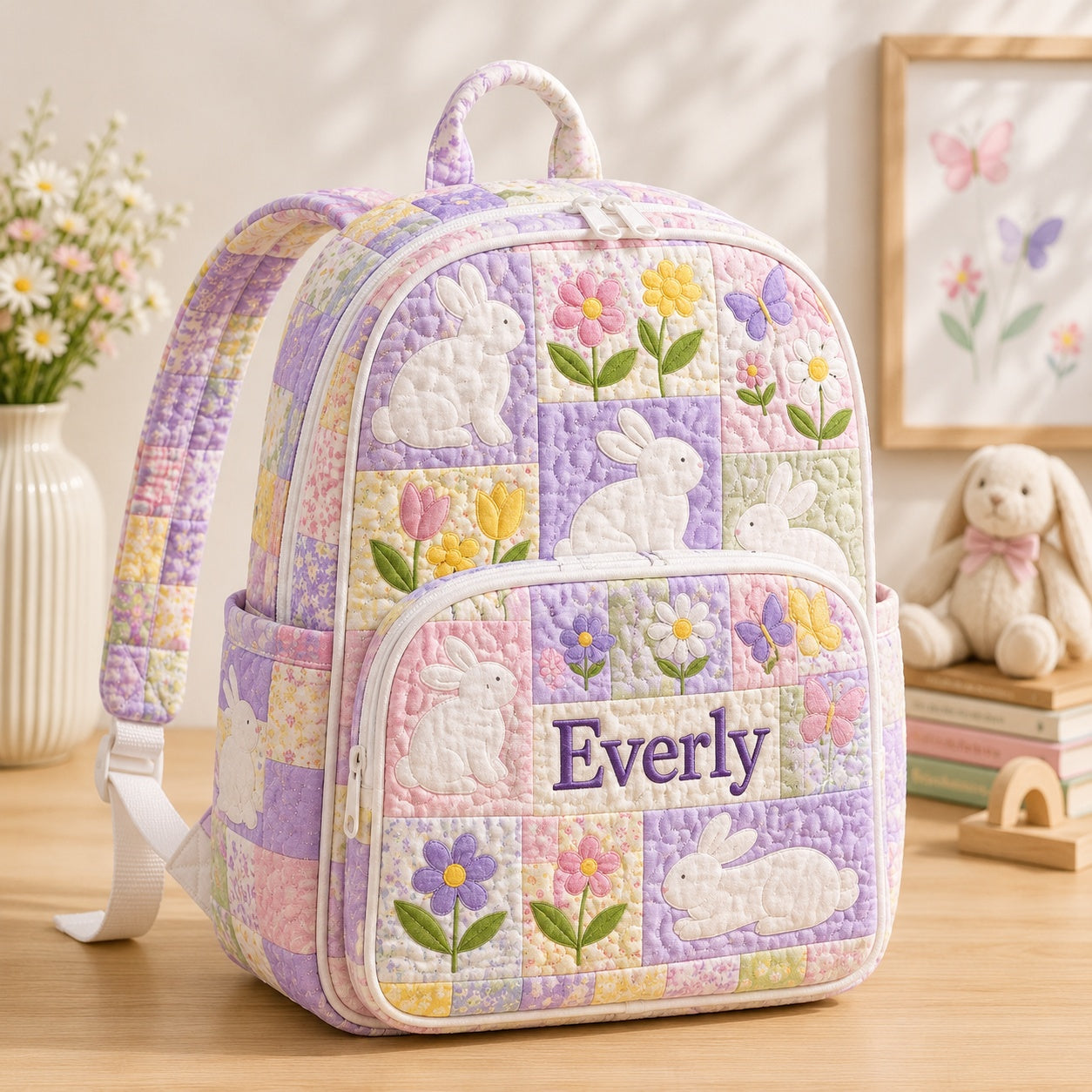 Bunny Flower Quilted Backpack, Bunny Backpack, Mini Travel Bag, Kid School Bag, Back To School Backpack QBP34