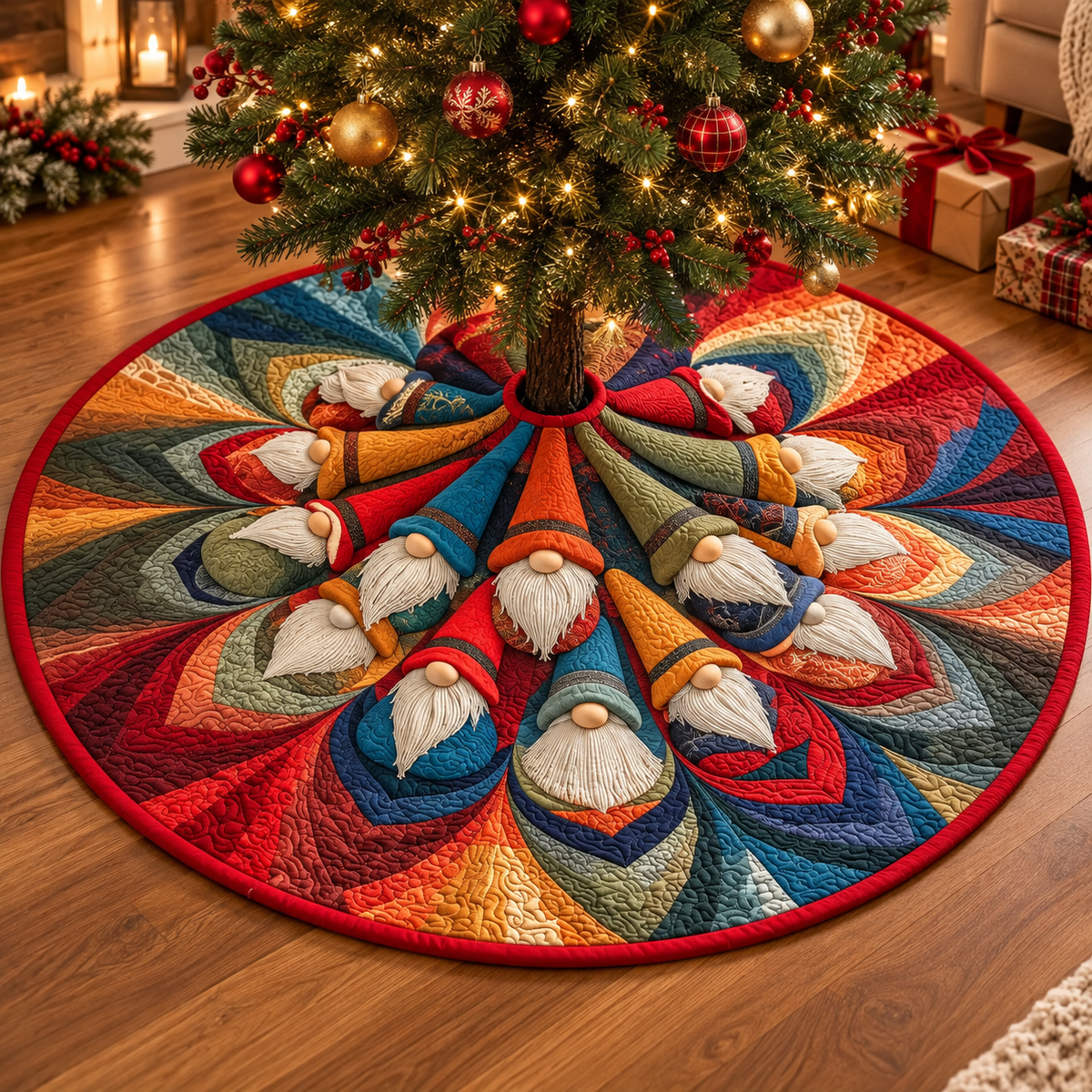 Colorful Christmas Gnome Quilted Tree Skirt, Patchwork Xmas Tree Skirt, Holiday Decor, Xmas Tree Base Cover, Custom Tree Skirt XMASTS53