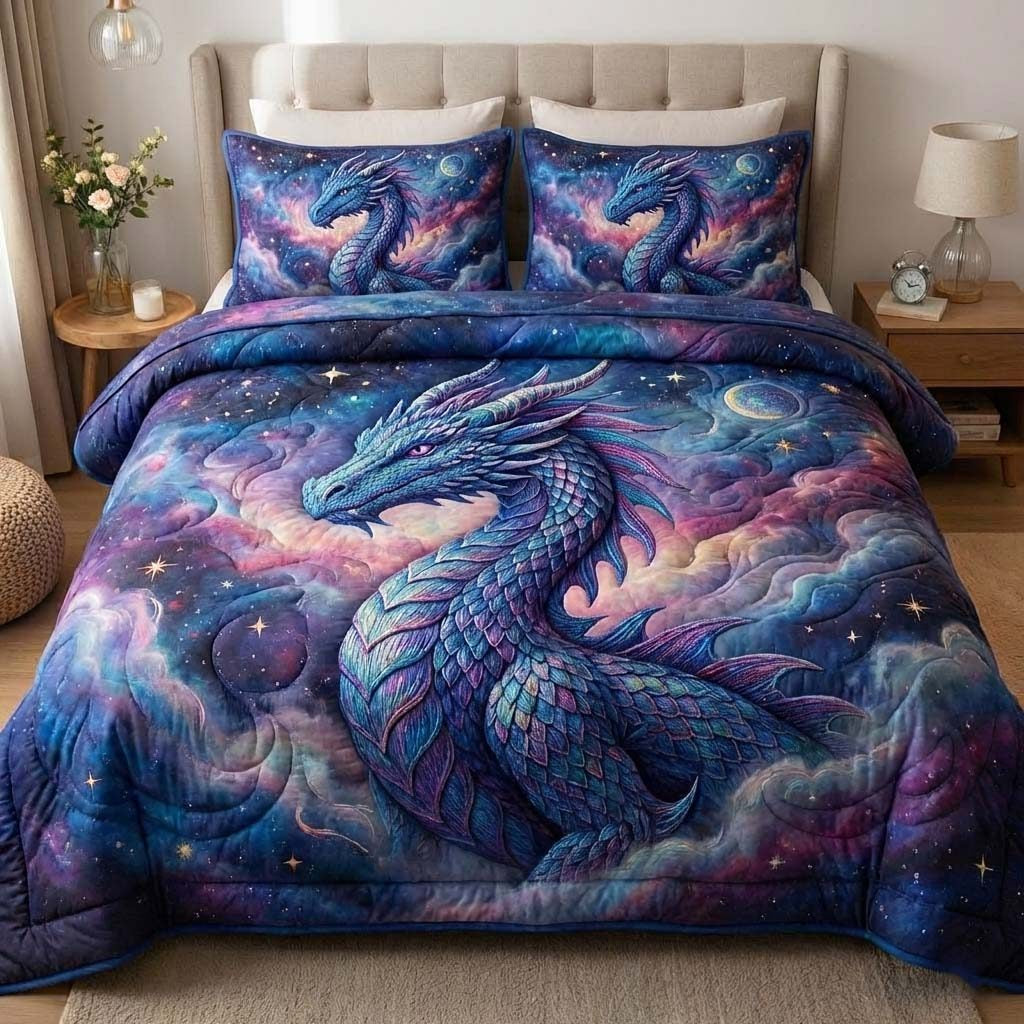 Fantasy Dragon Quilted Bedding Set, Dragon Quilt Blanket, Quilt with Pillow Covers, Bedroom Decor QBEDSET77