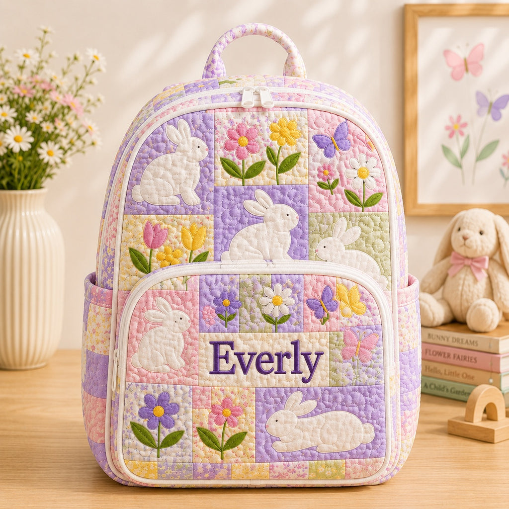 Bunny Flower Quilted Backpack, Bunny Backpack, Mini Travel Bag, Kid School Bag, Back To School Backpack QBP34