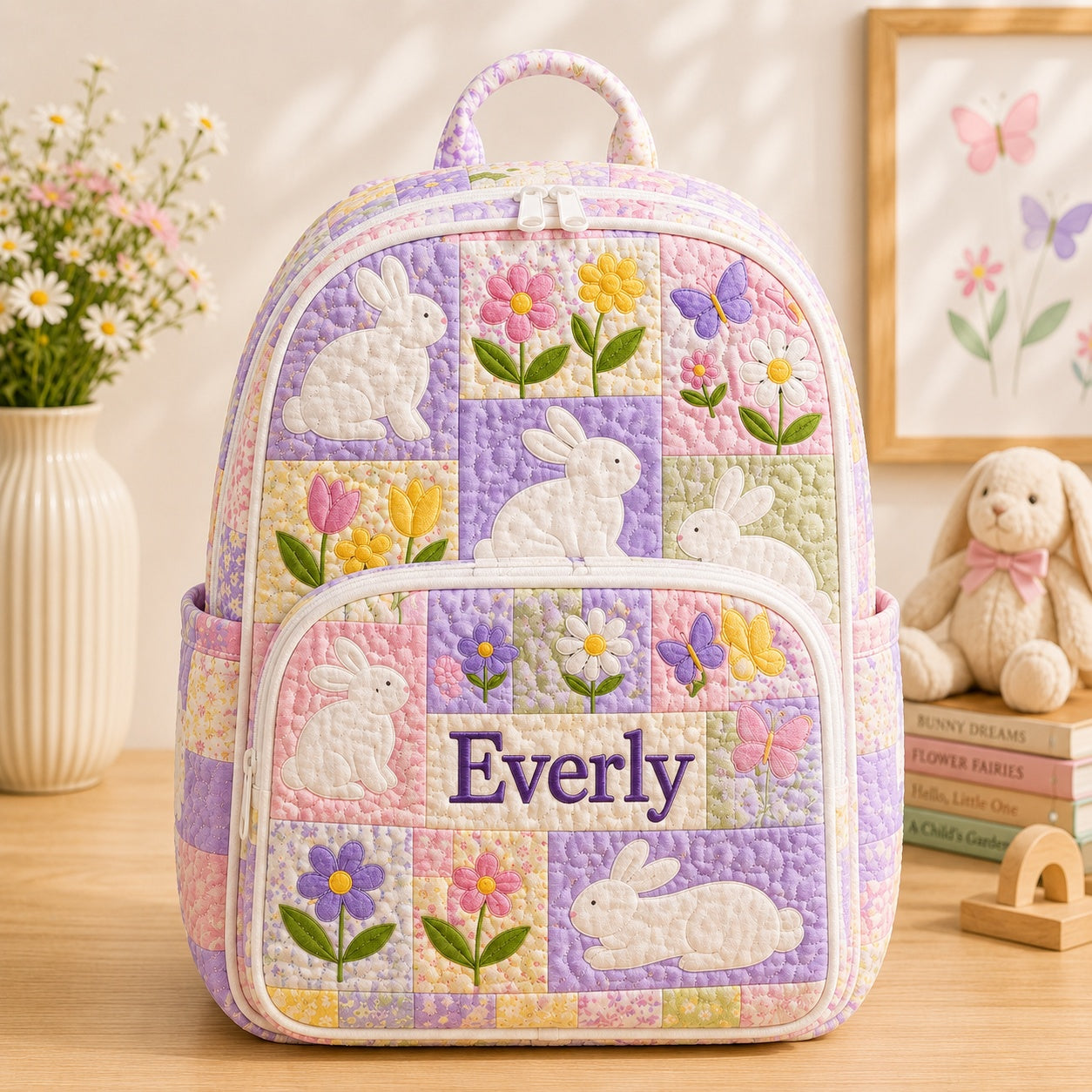 Bunny Flower Quilted Backpack, Bunny Backpack, Mini Travel Bag, Kid School Bag, Back To School Backpack QBP34