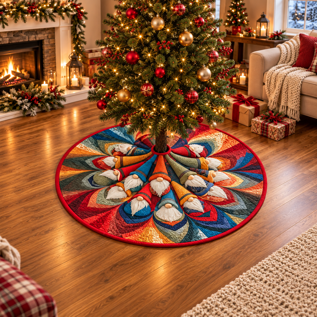 Colorful Christmas Gnome Quilted Tree Skirt, Patchwork Xmas Tree Skirt, Holiday Decor, Xmas Tree Base Cover, Custom Tree Skirt XMASTS53