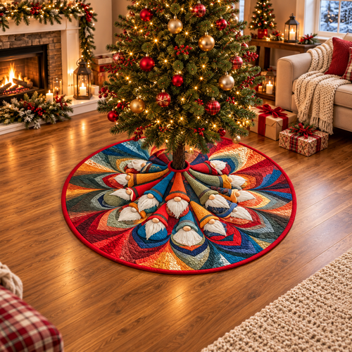 Colorful Christmas Gnome Quilted Tree Skirt, Patchwork Xmas Tree Skirt, Holiday Decor, Xmas Tree Base Cover, Custom Tree Skirt XMASTS53