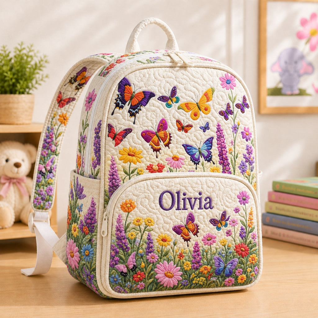 Butterfly Floral Quilted Backpack, Floral Backpack, Mini Travel Bag, Kid School Bag, Back To School Backpack QBP35