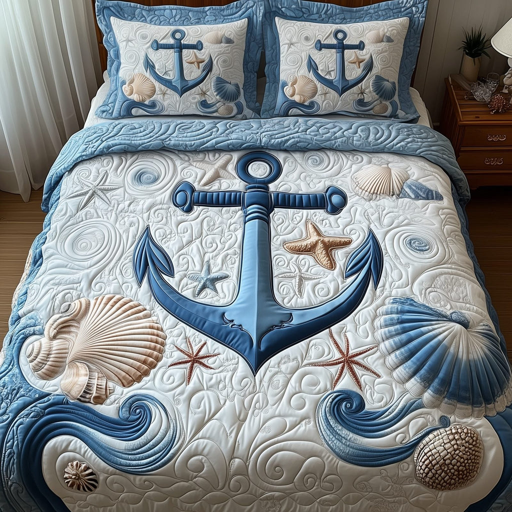 Nautical Anchor Quilted Bedding Set, Coastal Beach Quilt Blanket, Quilt with Pillow Covers, Bedroom Decor QBEDSET78
