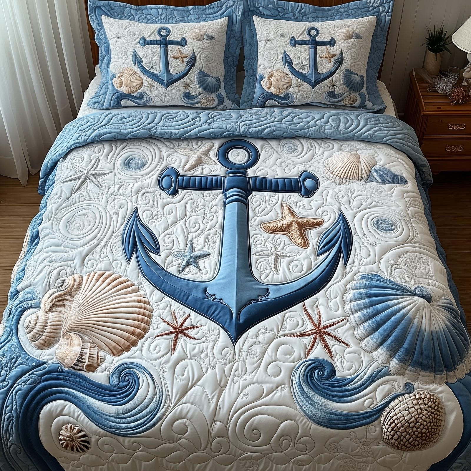 Nautical Anchor Quilted Bedding Set, Coastal Beach Quilt Blanket, Quilt with Pillow Covers, Bedroom Decor QBEDSET78