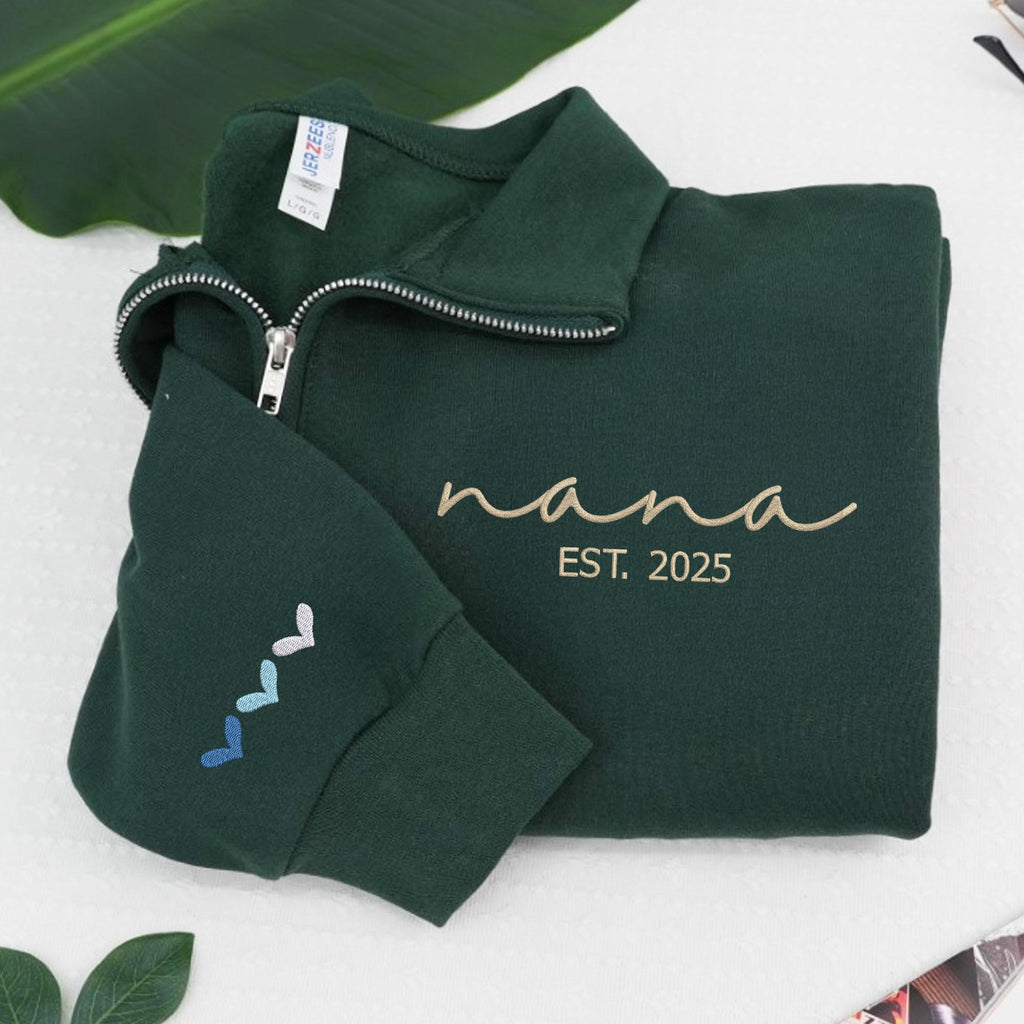 Custom Nana Sweatshirt, Personalized Nana EST Embroidered Quarter Zip Sweater, Christmas Gifts For Grandma, Nana, Mimi, New Grandma Gifts