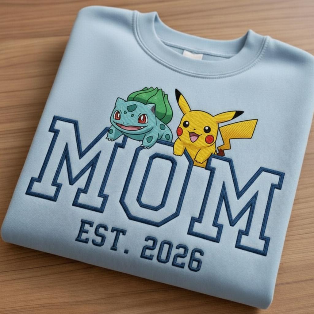 Embroidered Custom Pokemom Character Hoodie, Cute Poke Mom Characters Sweatshirt, Gift for PKM Fans, Fashion Clothing, Fathers Day Gift