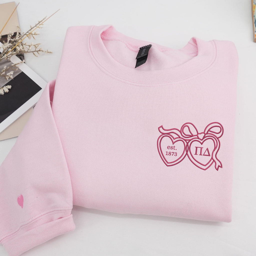 Custom Coquette Bow And Locket Personalized Embroidered Crew Neck Sweatshirt - Gifts for Her - Greek Sorority Gift Basket Big Little Reveal