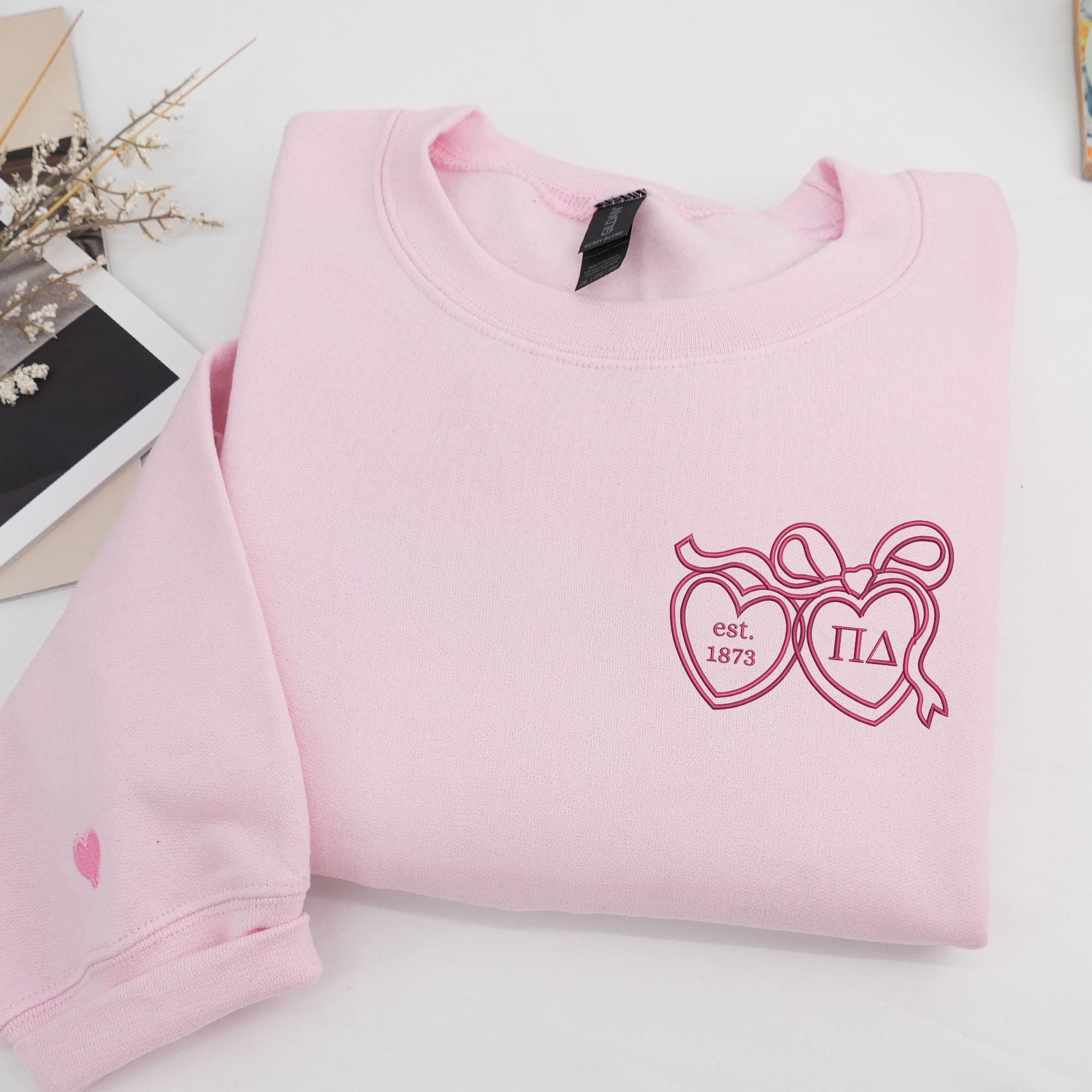 Custom Coquette Bow And Locket Personalized Embroidered Crew Neck Sweatshirt - Gifts for Her - Greek Sorority Gift Basket Big Little Reveal
