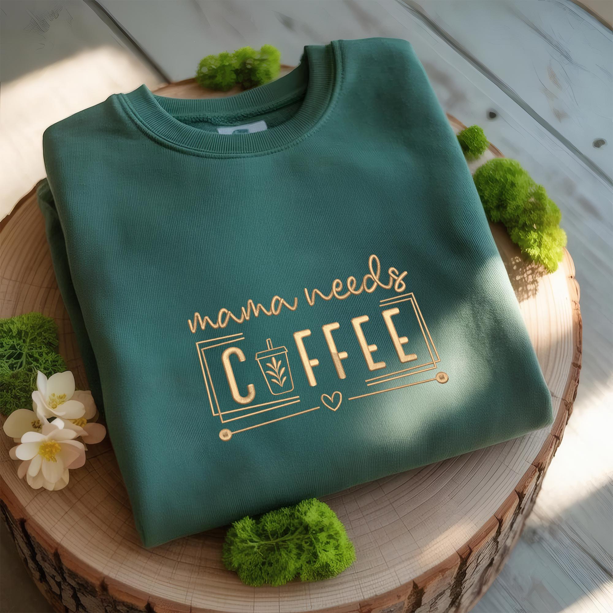 Mama Needs Coffee Sweatshirt – Funny Mom Tee with Iced Coffee Embroidery, Mom Coffee Sweatshirt, Cozy Gift for Coffee Lovers