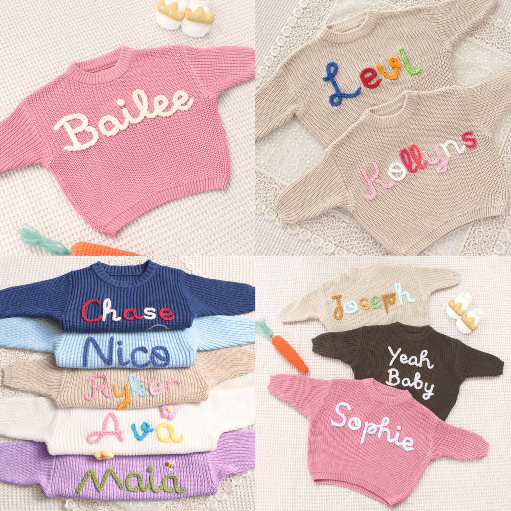 Baby Name Sweater Personalized, Hand Embroidered Knit for Girls or Boys, Cute Birthday Gift, Baby Outfit