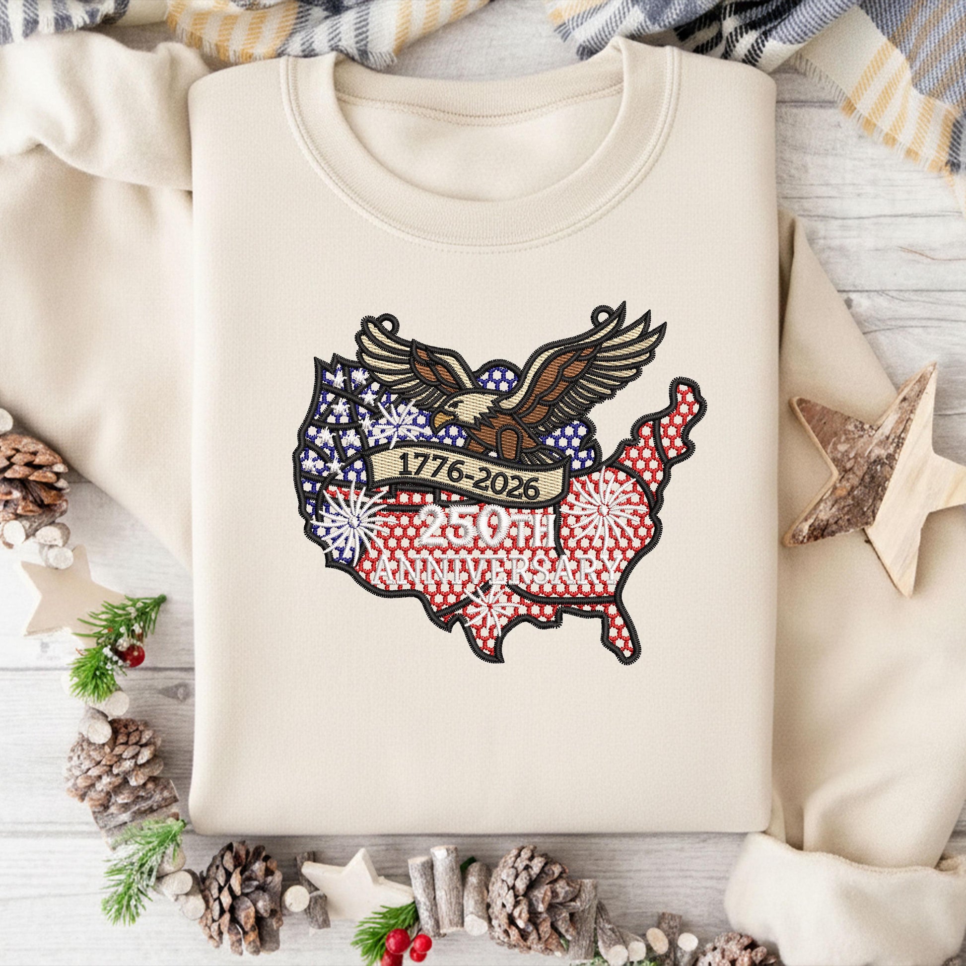 USA 250th Anniversary Embroidery Sweatshirt – FSL American Eagle Design | Semiquincentennial Patriotic Crewneck