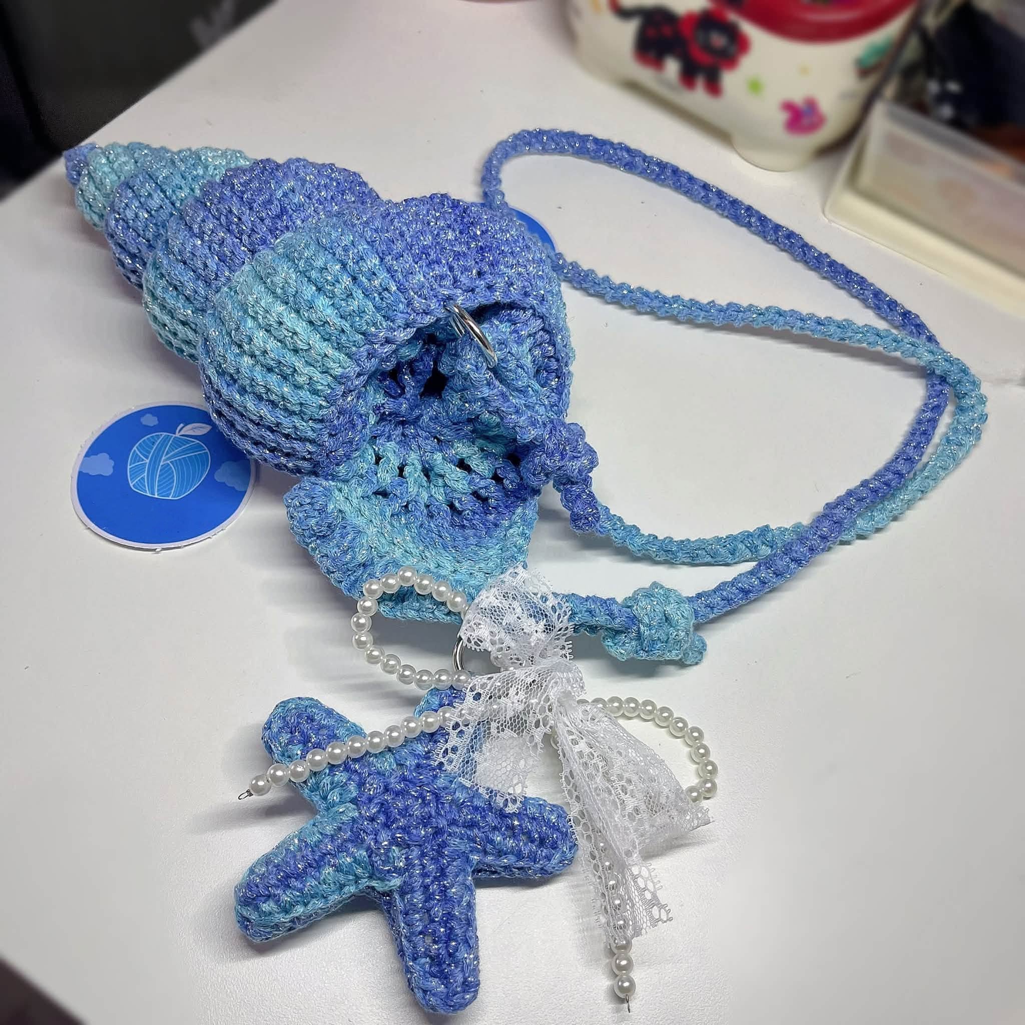 Crochet Seashell Crossbody Bag, Handmade Ocean Bag, Blue Starfish Shoulder Bag, Beach Summer Bag, Cute Coastal Gift for Her Crochet01