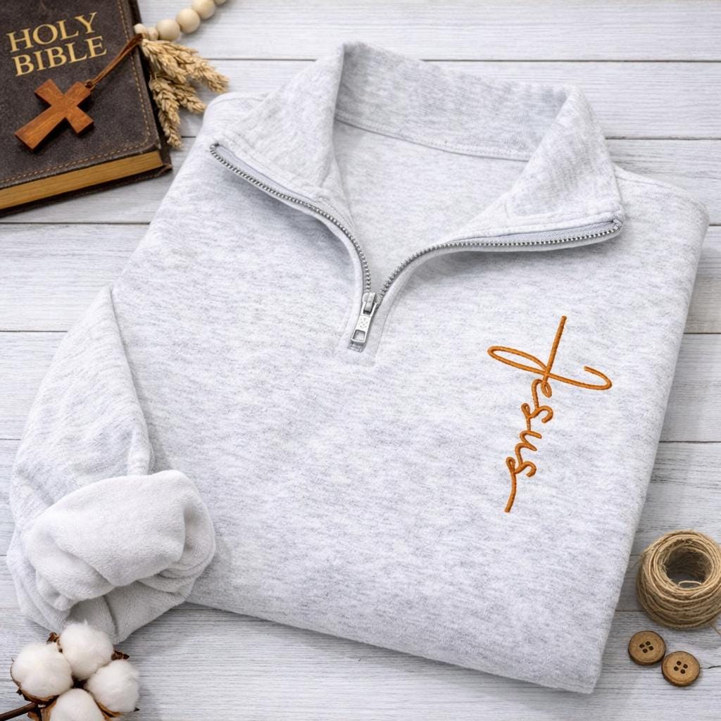 Jesus Embroidered Quarter Zip Sweatshirt, Christian Faith Pullover, Minimal Cross Shirt, Religious Cozy Top, Christian Gift for Women