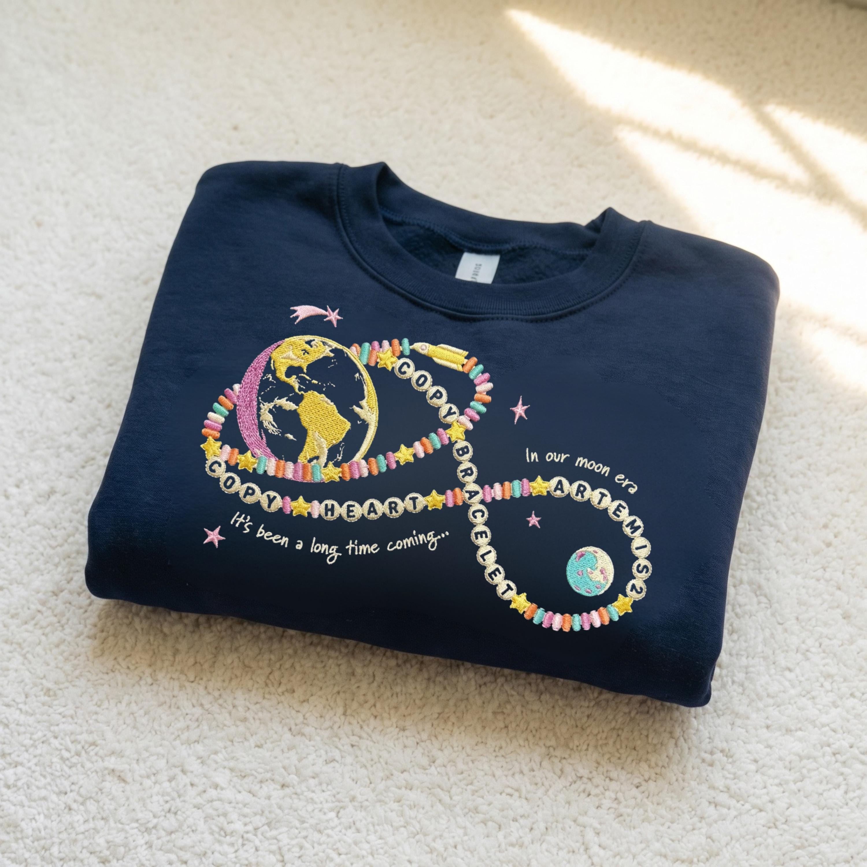 Heart Bracelet Embroidered Sweatshirt, Moon Joy Quote Shirt, Minimal Lunar Space Design, Night Sky Gift for Women