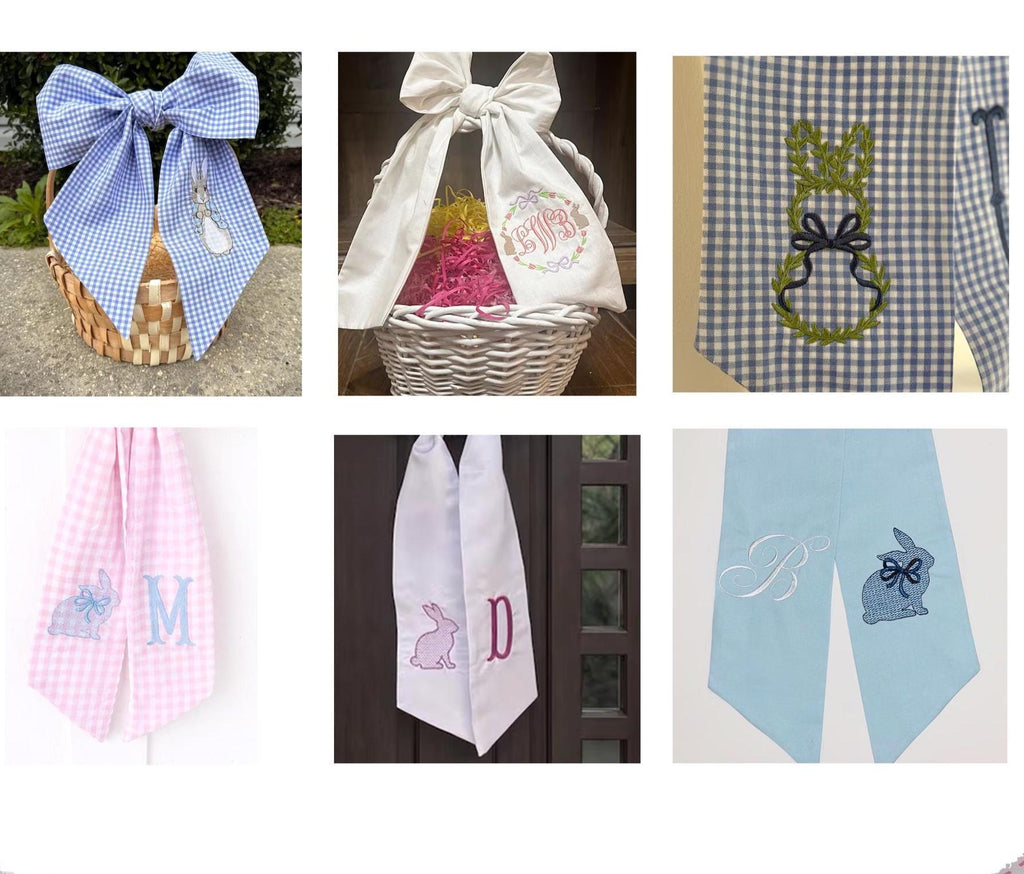 Personalized Seersucker Easter Basket Bow with Embroidered Name Custom Monogrammed Bunny Design Egg Hunts Gift & Spring Decorations